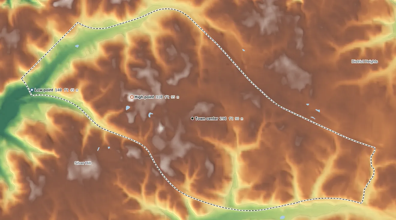 Topographic elevation map of Suitland, Maryland, shaded from 140 ft on the west side to 310 ft on the west side