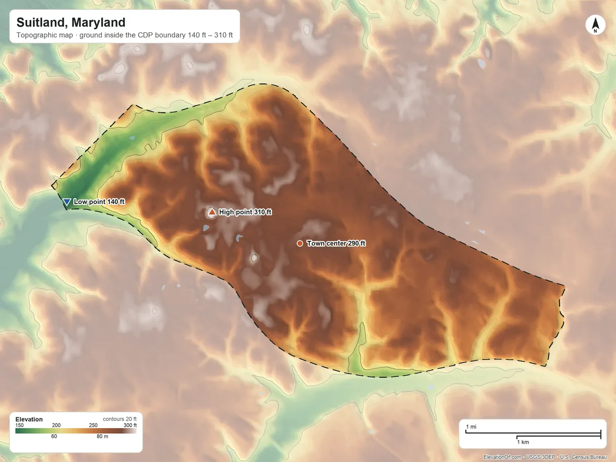 Topographic elevation map of Suitland, Maryland, shaded from 140 ft on the west side to 310 ft on the west side