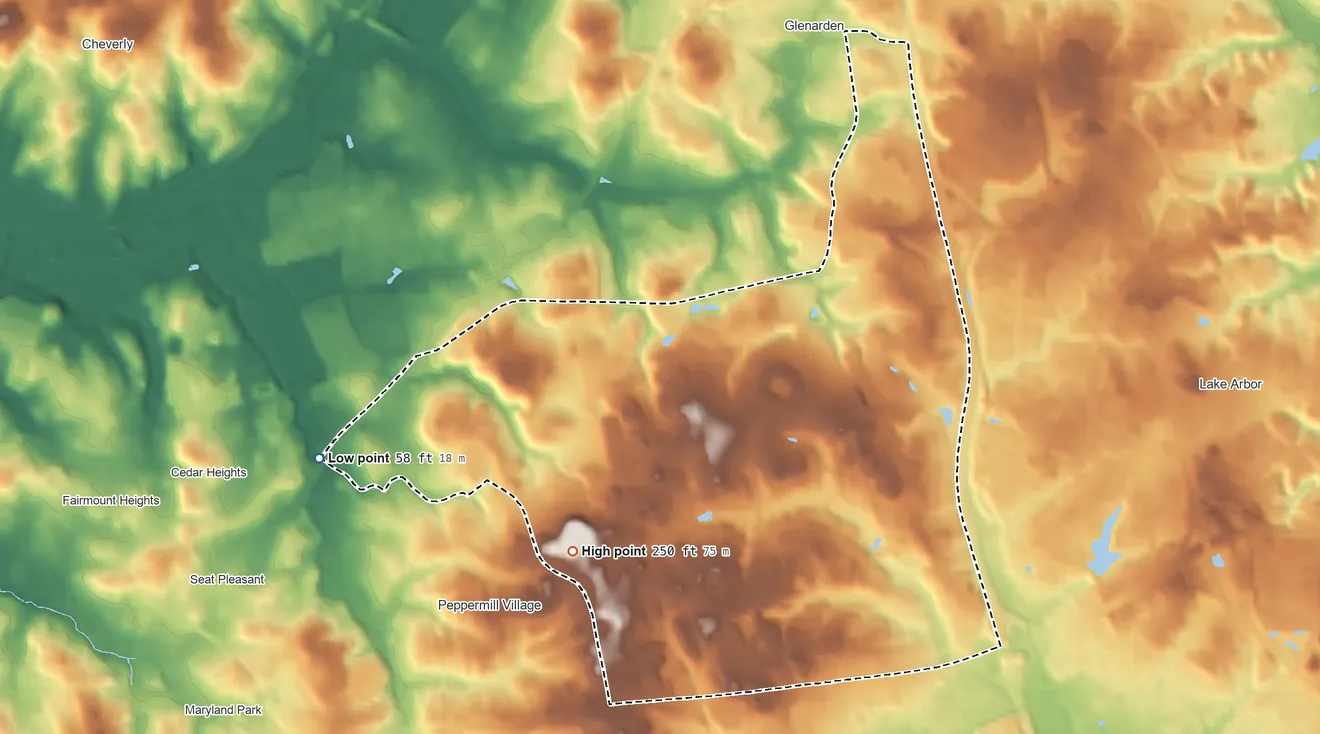 Topographic elevation map of Summerfield, Maryland, shaded from 58 ft on the west side to 250 ft on the southwest side
