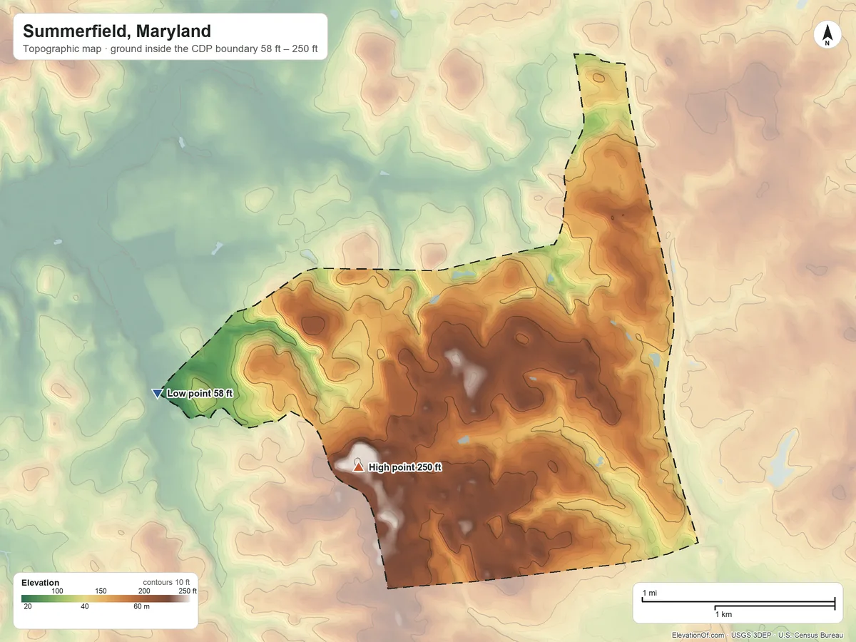 Topographic elevation map of Summerfield, Maryland, shaded from 58 ft on the west side to 250 ft on the southwest side