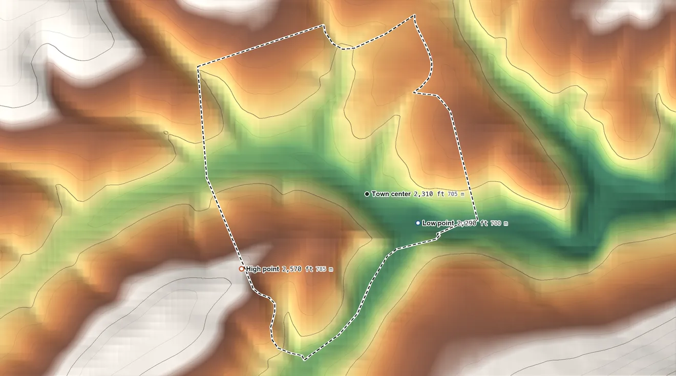Topographic elevation map of Swanton, Maryland, shaded from 2,290 ft on the southeast side to 2,570 ft on the southwest edge, below higher ground just outside