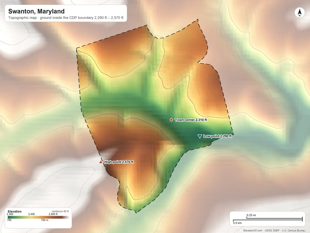 Topographic elevation map of Swanton, Maryland, shaded from 2,290 ft on the southeast side to 2,570 ft on the southwest edge, below higher ground just outside