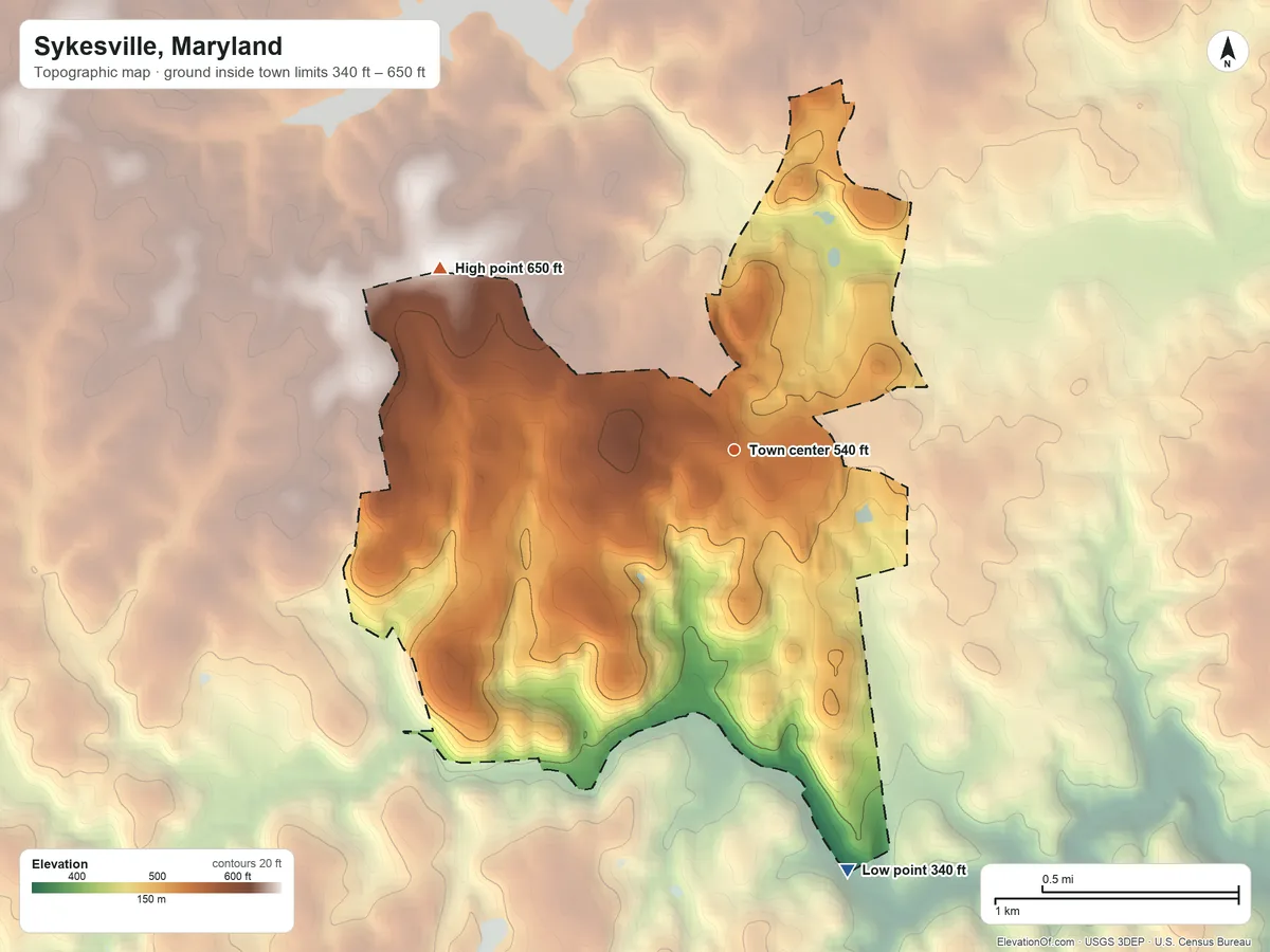 Topographic elevation map of Sykesville, Maryland, shaded from 340 ft on the south side to 650 ft on the northwest side