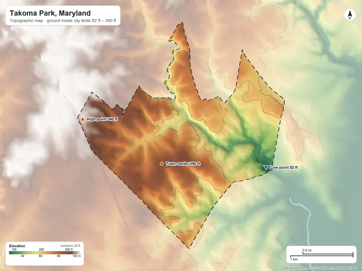 Topographic elevation map of Takoma Park, Maryland, shaded from 82 ft on the east side to 340 ft on the northwest side