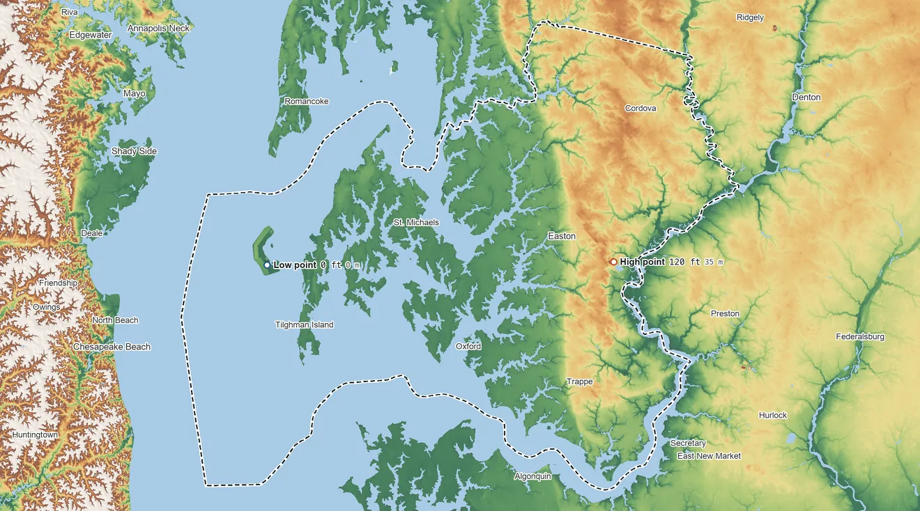 Topographic elevation map of Talbot County, Maryland, shaded from sea level on Eastern Bay to 120 ft on the east side
