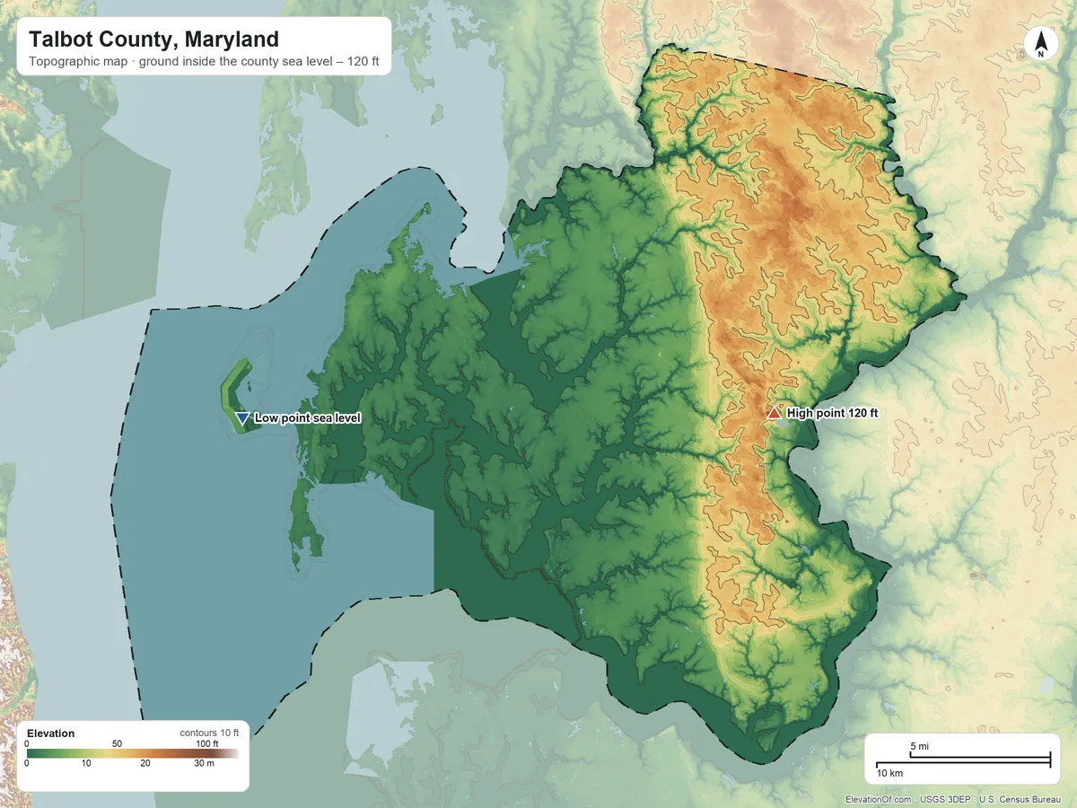 Topographic elevation map of Talbot County, Maryland, shaded from sea level on Eastern Bay to 120 ft on the east side
