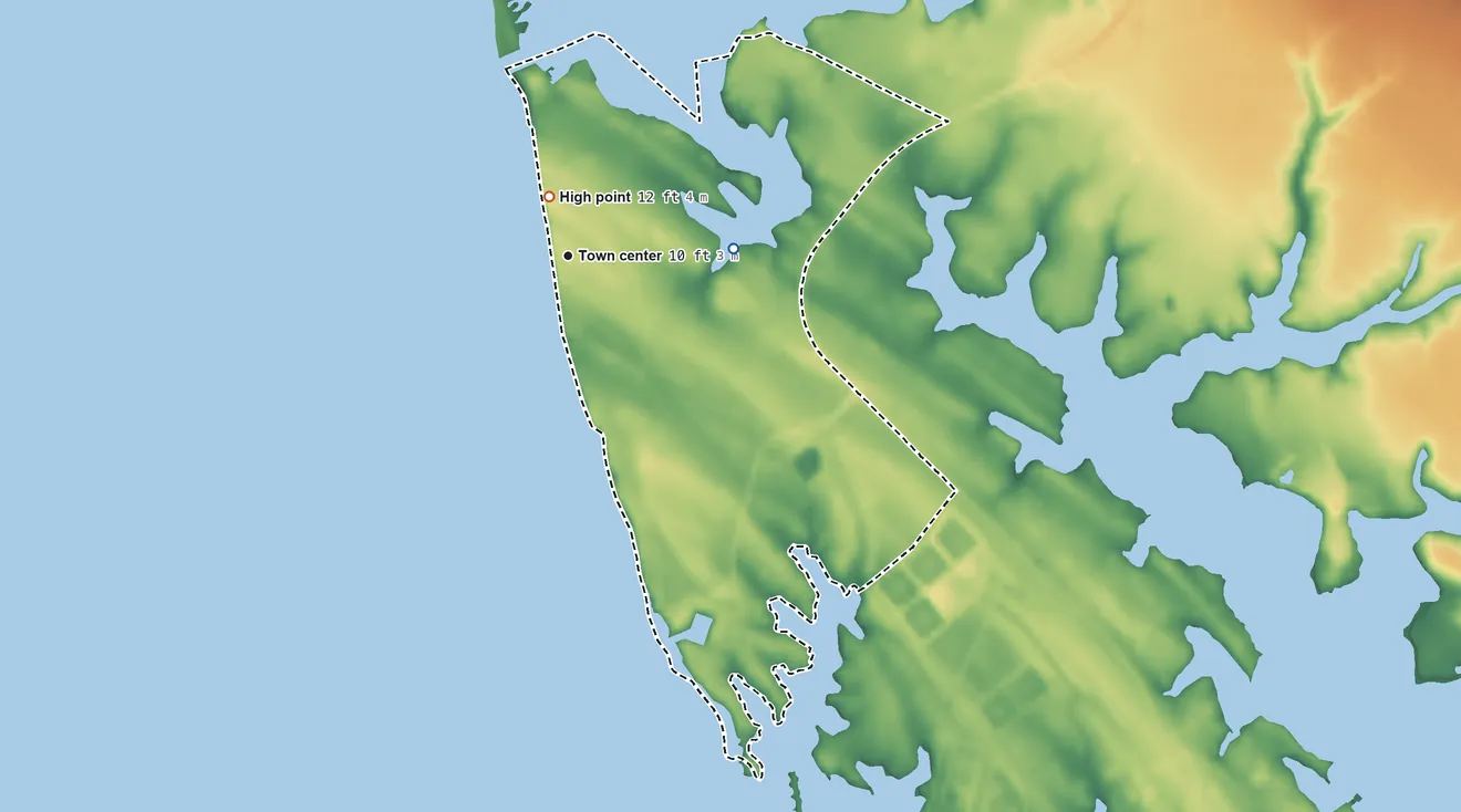 Topographic elevation map of Tall Timbers, Maryland, shaded from 0 ft on the east side to 12 ft near the middle