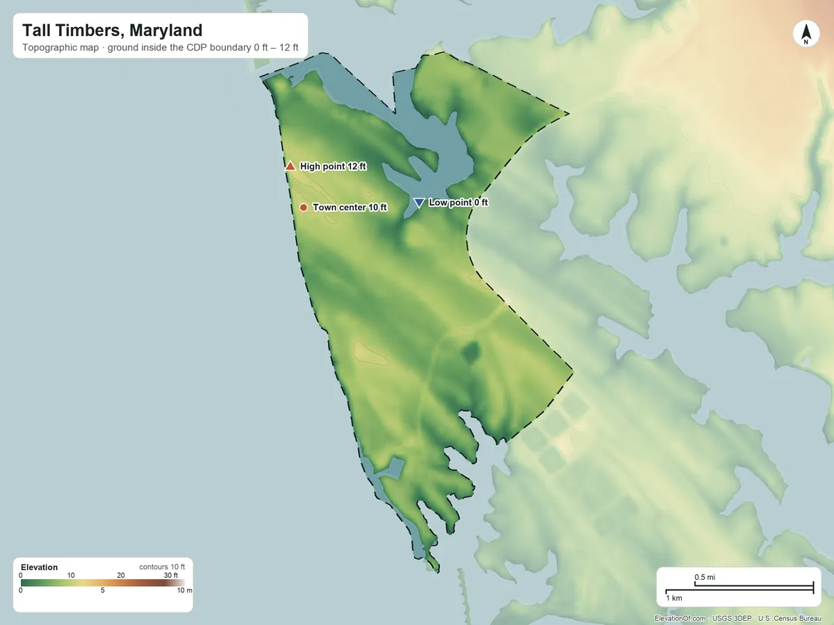Topographic elevation map of Tall Timbers, Maryland, shaded from 0 ft on the east side to 12 ft near the middle