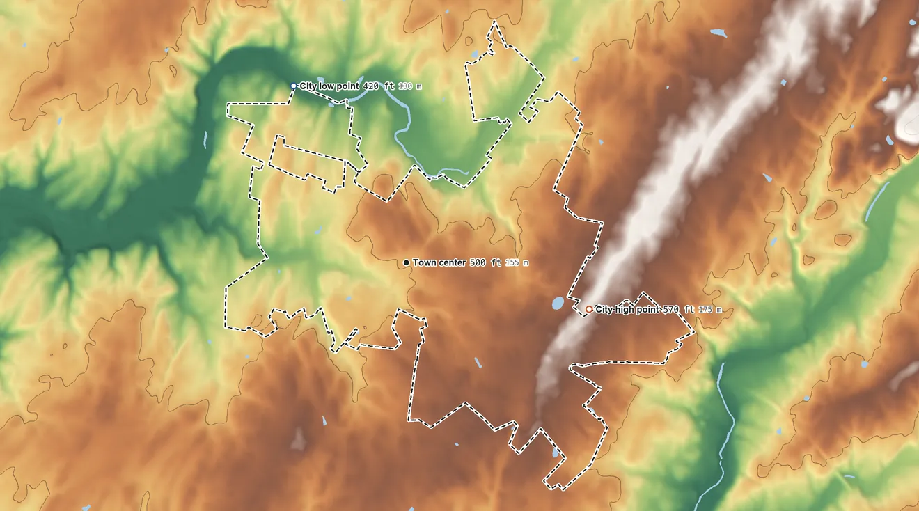 Topographic elevation map of Taneytown, Maryland, shaded from 420 ft on the northwest side to 570 ft on the east side