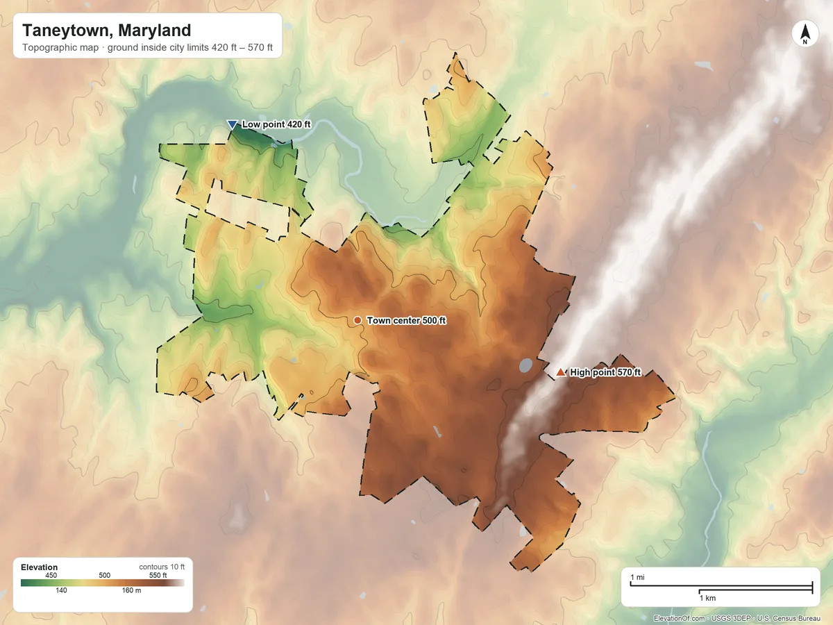 Topographic elevation map of Taneytown, Maryland, shaded from 420 ft on the northwest side to 570 ft on the east side