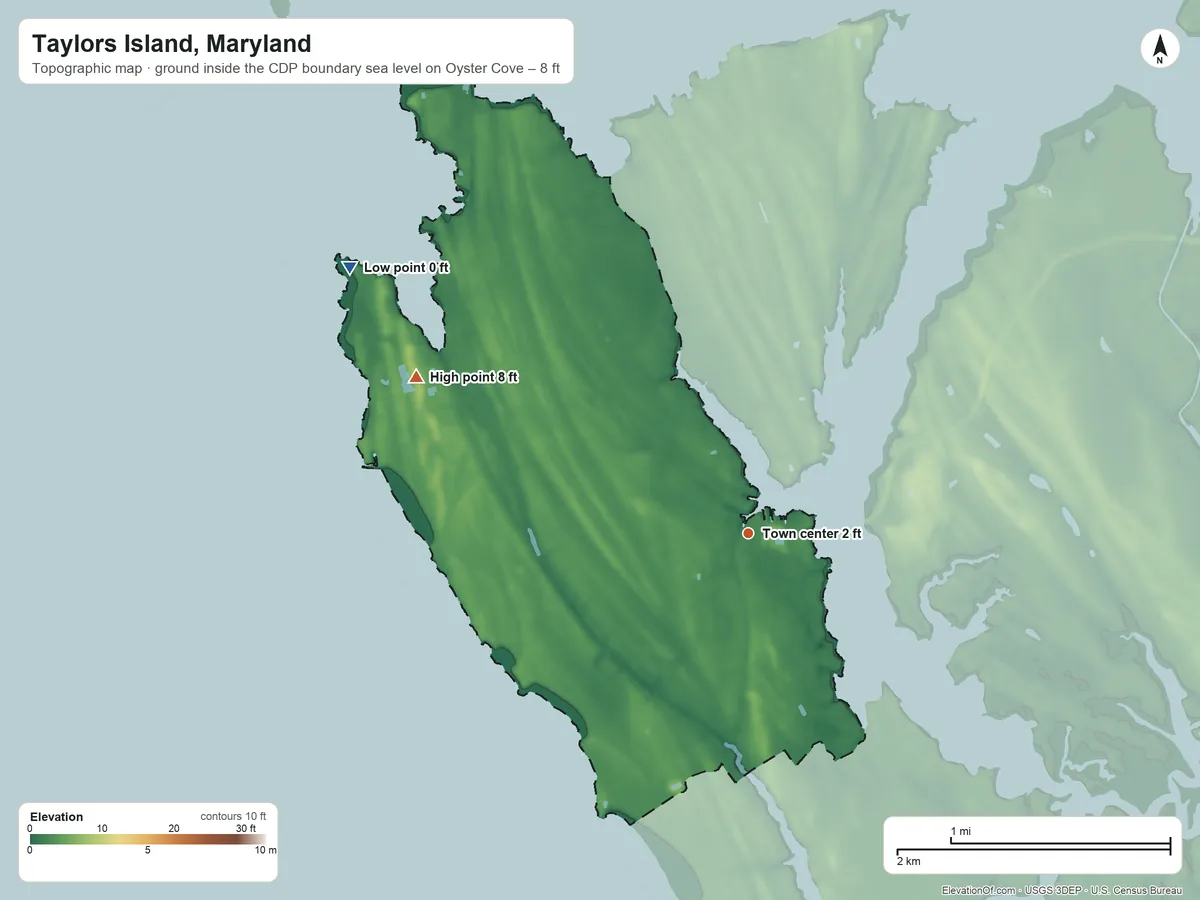 Topographic elevation map of Taylors Island, Maryland, shaded from sea level level on Oyster Cove to 8 ft on the northwest side