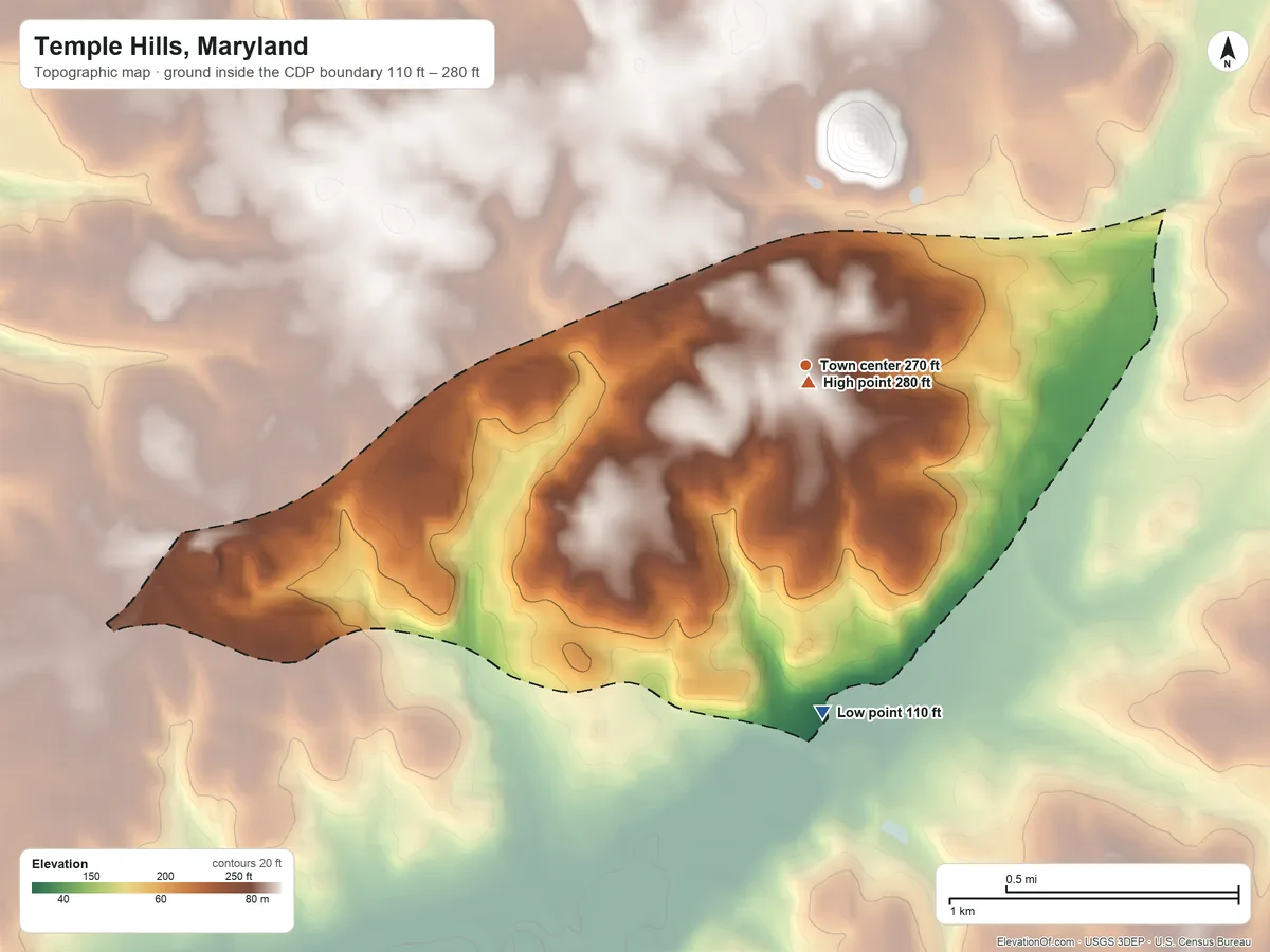 Topographic elevation map of Temple Hills, Maryland, shaded from 110 ft on the south side to 280 ft near the middle