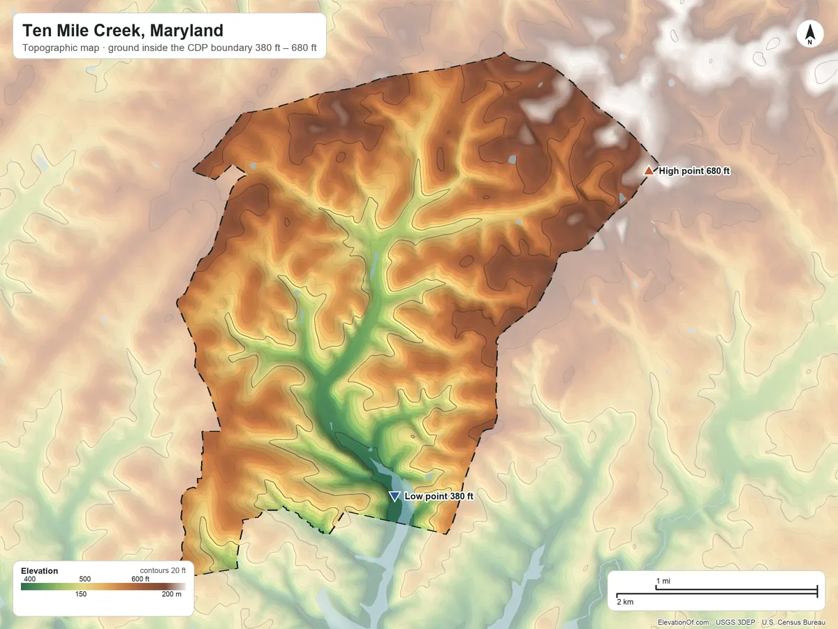 Topographic elevation map of Ten Mile Creek, Maryland, shaded from 380 ft on the south side to 680 ft on the northeast side
