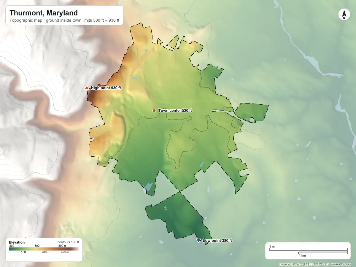Topographic elevation map of Thurmont, Maryland, shaded from 380 ft on the south side to 930 ft on the west edge, below higher ground just outside