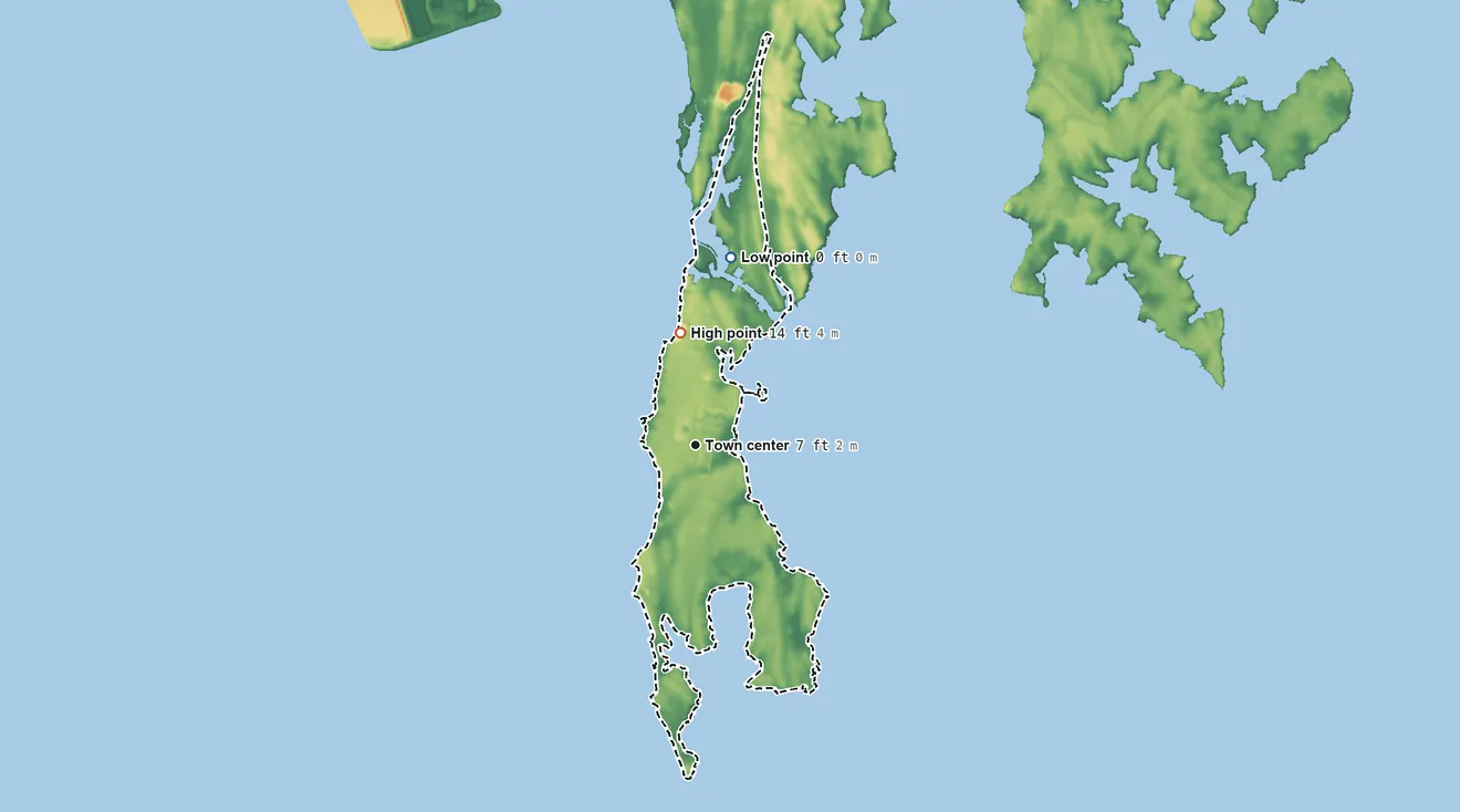 Topographic elevation map of Tilghman Island, Maryland, shaded from sea level level on Back Creek to 14 ft on the north side