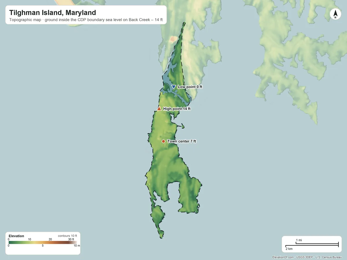Topographic elevation map of Tilghman Island, Maryland, shaded from sea level level on Back Creek to 14 ft on the north side