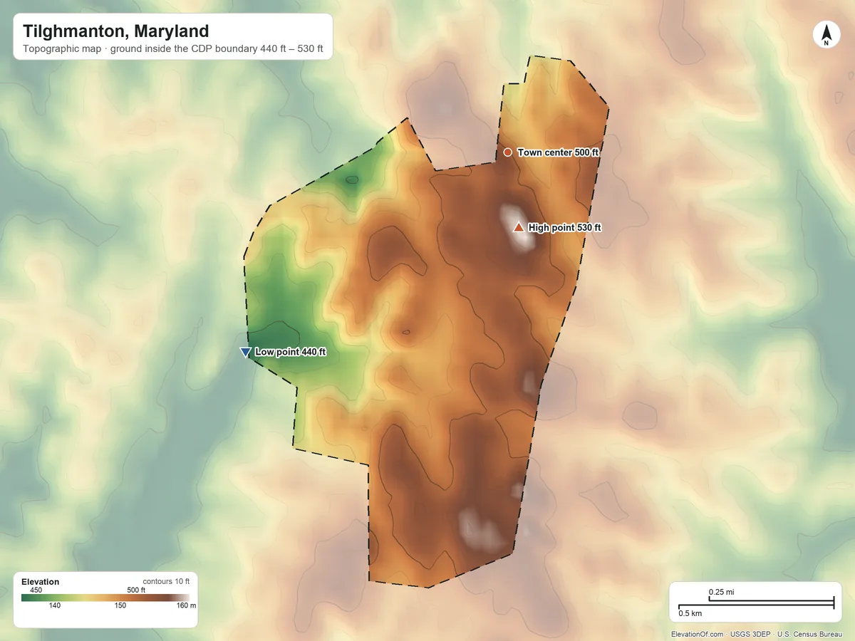 Topographic elevation map of Tilghmanton, Maryland, shaded from 440 ft on the southwest side to 530 ft on the south side