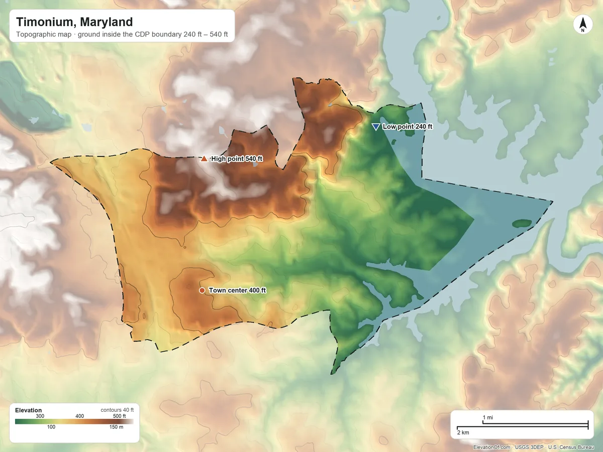 Topographic elevation map of Timonium, Maryland, shaded from 240 ft on the northeast side to 540 ft on the north side