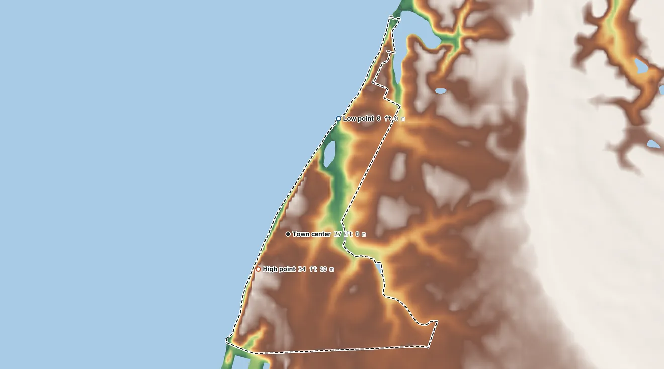 Topographic elevation map of Tolchester, Maryland, shaded from sea level level on Chesapeake Bay to 34 ft on the southwest side