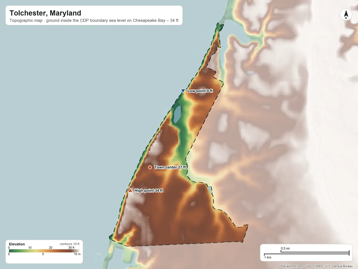 Topographic elevation map of Tolchester, Maryland, shaded from sea level level on Chesapeake Bay to 34 ft on the southwest side