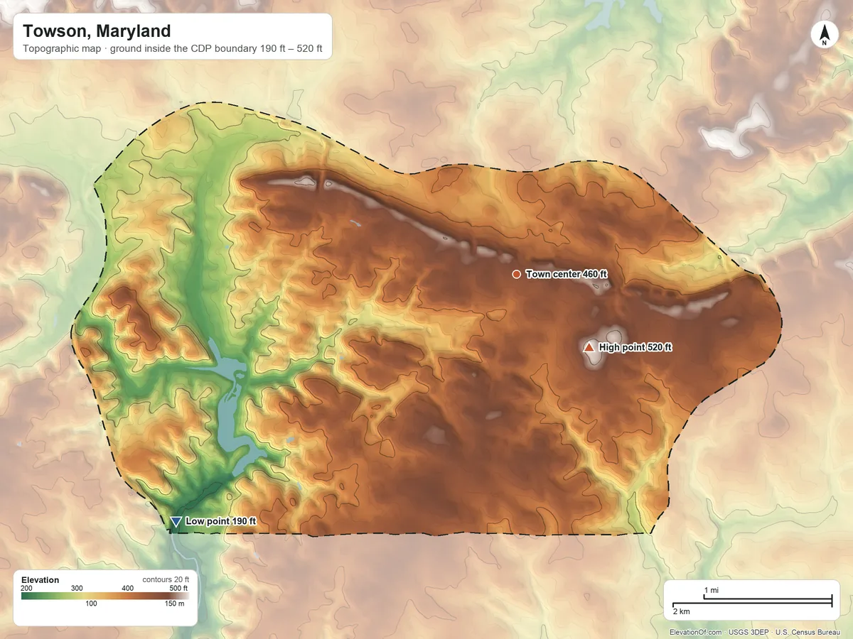 Topographic elevation map of Towson, Maryland, shaded from 190 ft on the southwest side to 520 ft on the southeast side