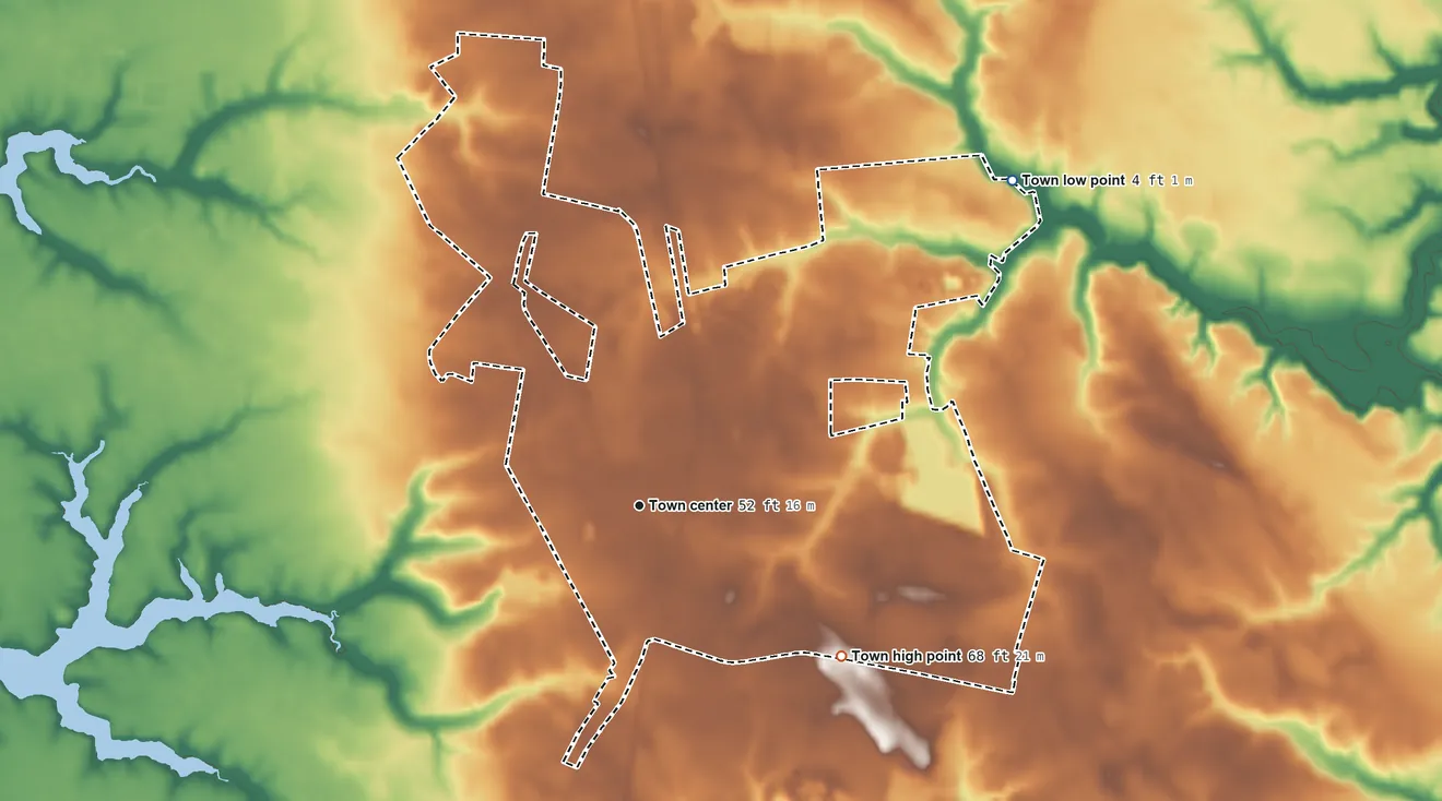 Topographic elevation map of Trappe, Maryland, shaded from 4 ft on the northeast side to 68 ft on the southeast side