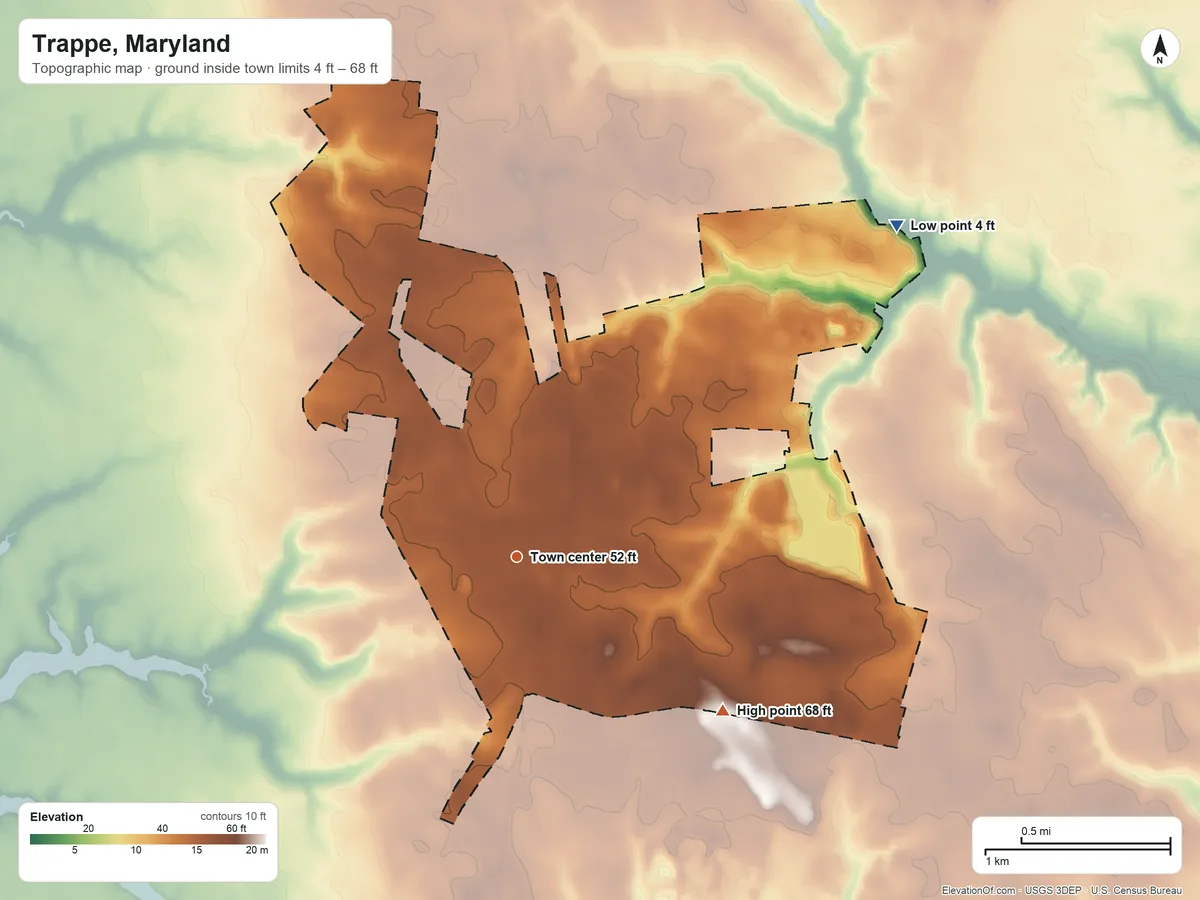 Topographic elevation map of Trappe, Maryland, shaded from 4 ft on the northeast side to 68 ft on the southeast side