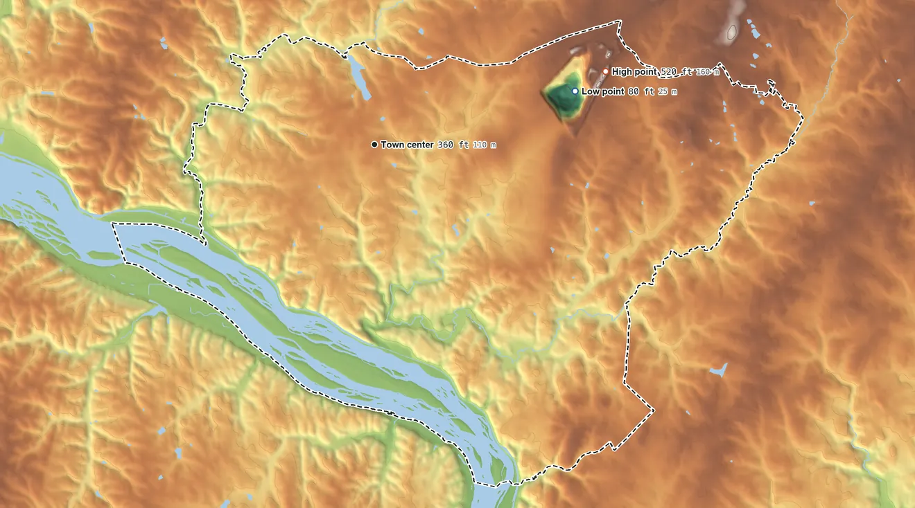 Topographic elevation map of Travilah, Maryland, shaded from 80 ft on the east side to 520 ft on the east side