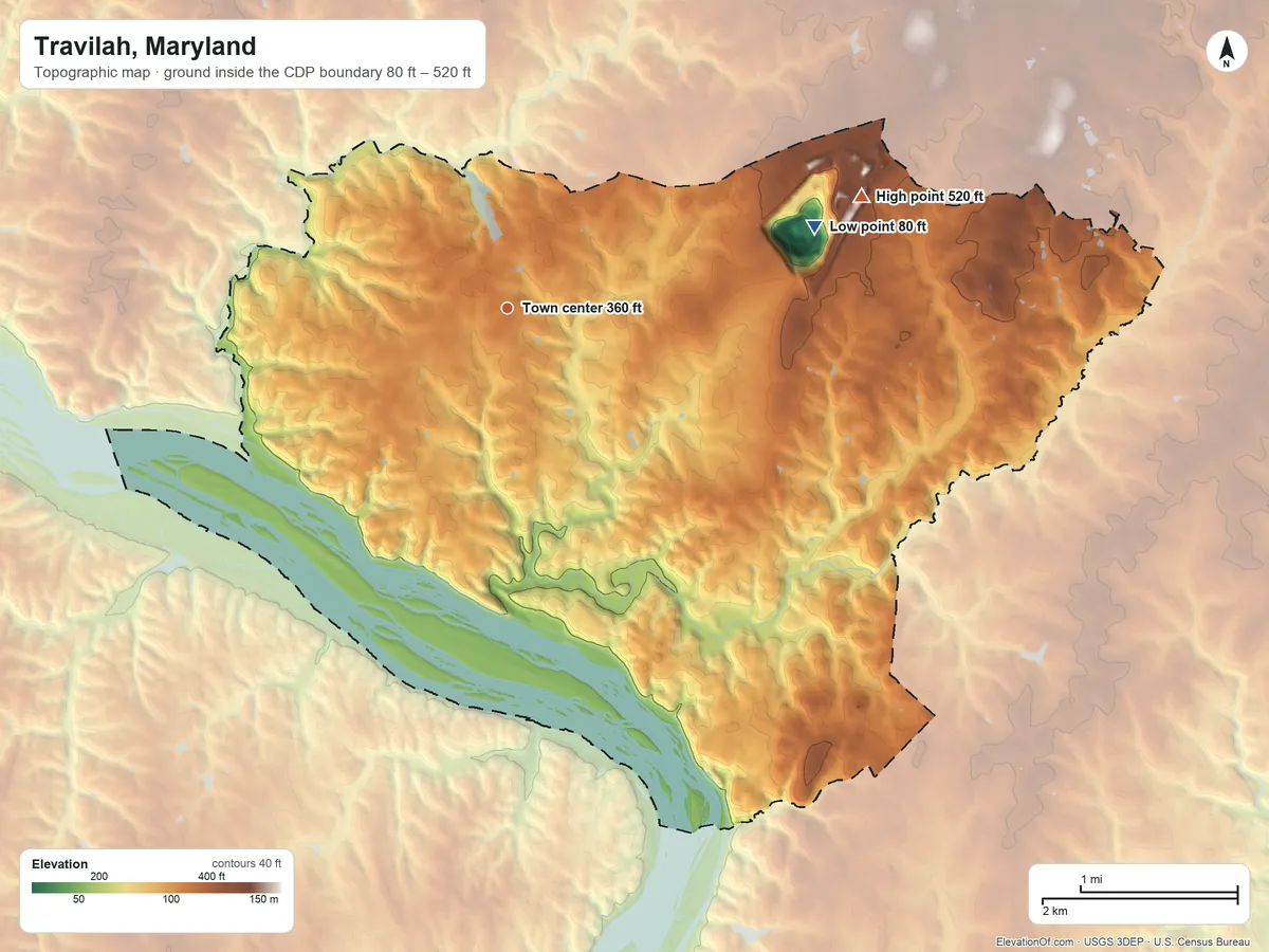 Topographic elevation map of Travilah, Maryland, shaded from 80 ft on the east side to 520 ft on the east side