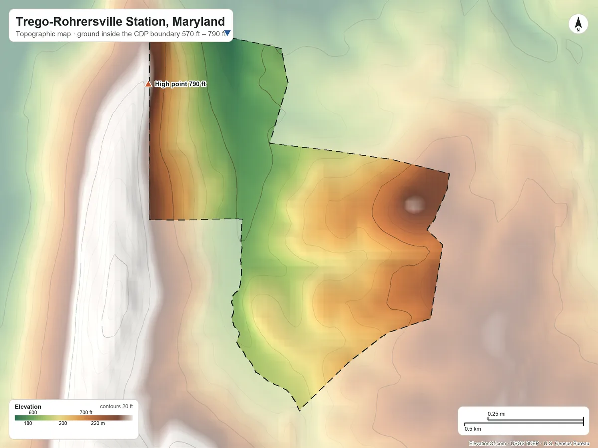 Topographic elevation map of Trego-Rohrersville Station, Maryland, shaded from 570 ft on the northwest side to 790 ft on the northwest edge, below higher ground just outside