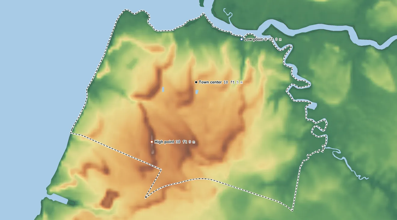 Topographic elevation map of Tyaskin, Maryland, shaded from 0 ft on the northeast side to 30 ft on the southwest side
