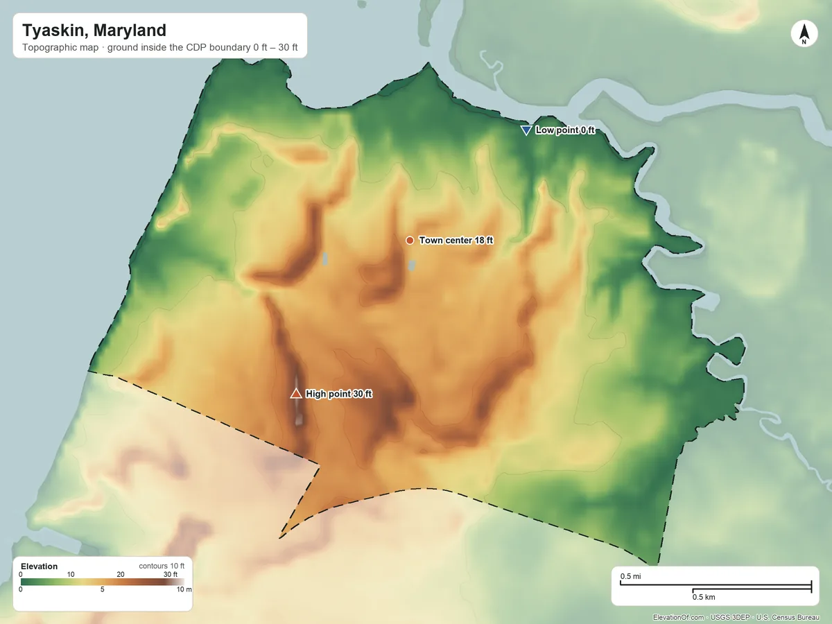Topographic elevation map of Tyaskin, Maryland, shaded from 0 ft on the northeast side to 30 ft on the southwest side