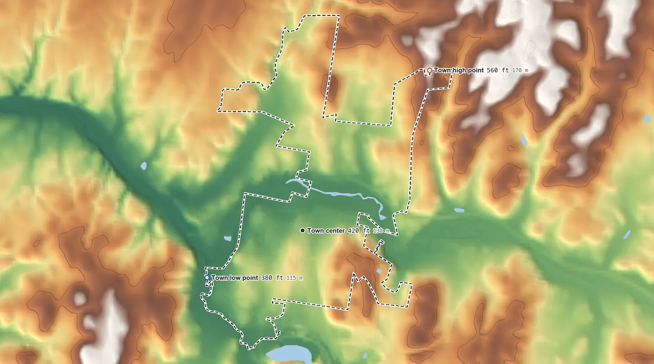 Topographic elevation map of Union Bridge, Maryland, shaded from 380 ft on the southwest side to 560 ft on the northeast side