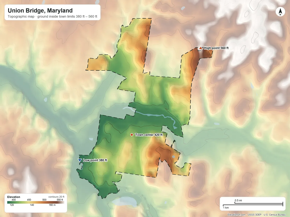 Topographic elevation map of Union Bridge, Maryland, shaded from 380 ft on the southwest side to 560 ft on the northeast side