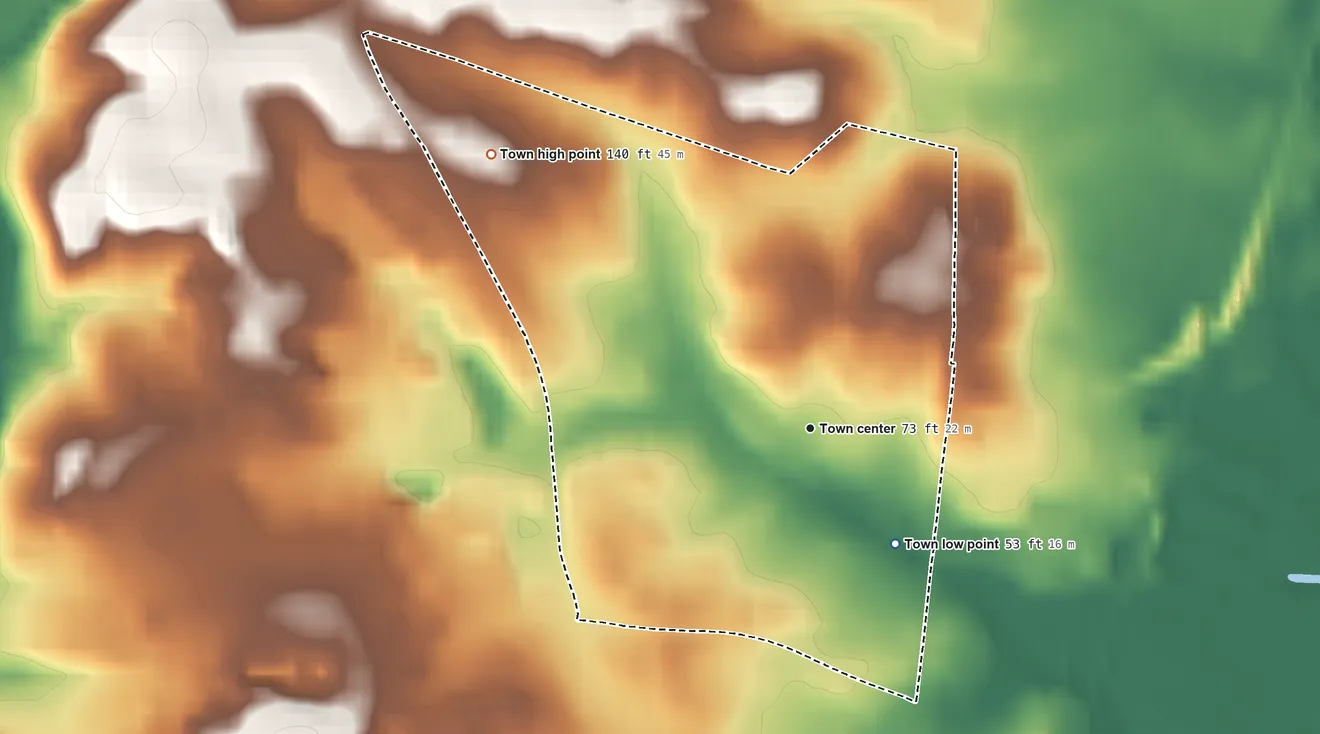 Topographic elevation map of University Park, Maryland, shaded from 53 ft on the southeast side to 140 ft on the northwest side