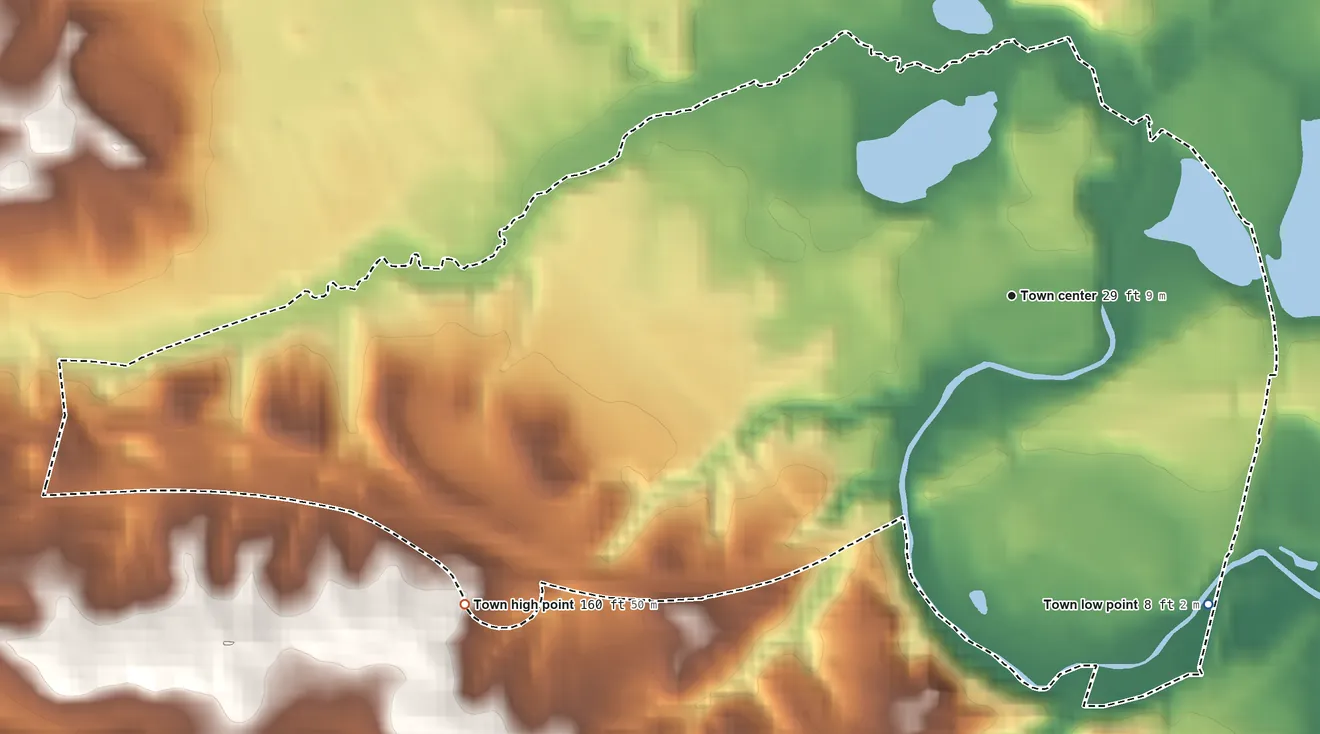 Topographic elevation map of Upper Marlboro, Maryland, shaded from 8 ft on the southeast side to 160 ft on the southwest side