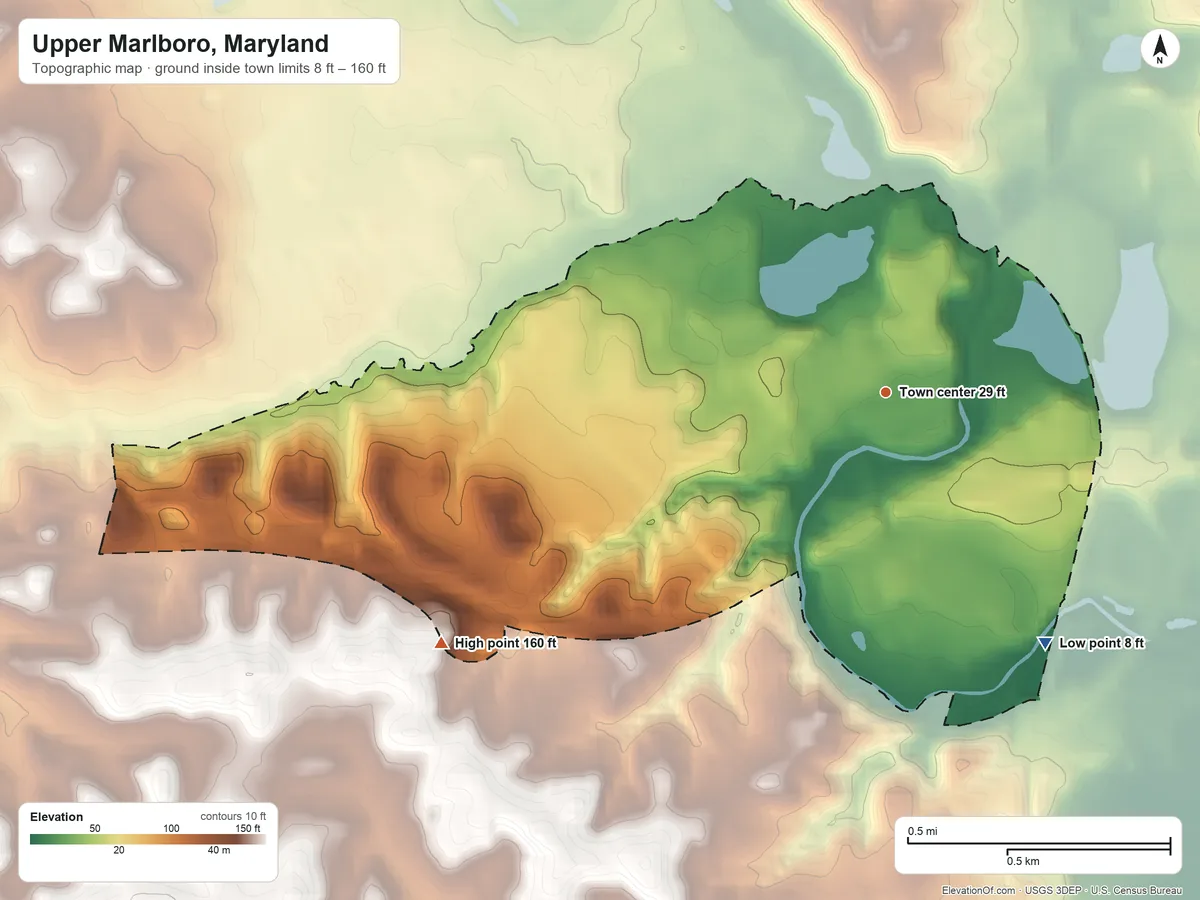 Topographic elevation map of Upper Marlboro, Maryland, shaded from 8 ft on the southeast side to 160 ft on the southwest side