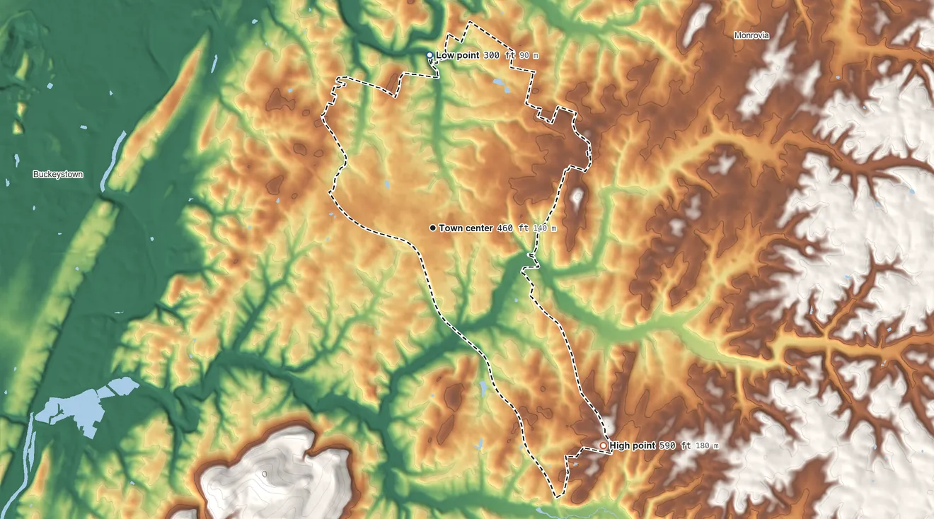 Topographic elevation map of Urbana, Maryland, shaded from 300 ft on the north side to 590 ft on the southeast side