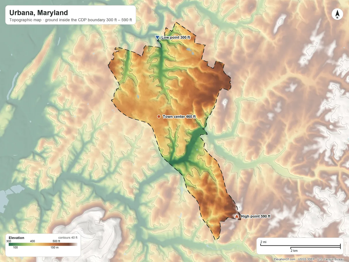 Topographic elevation map of Urbana, Maryland, shaded from 300 ft on the north side to 590 ft on the southeast side