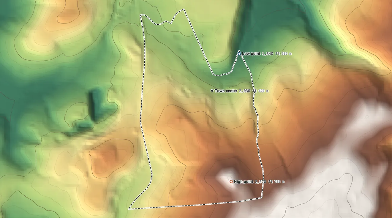 Topographic elevation map of Vale Summit, Maryland, shaded from 1,840 ft on the northeast side to 2,570 ft on the south side