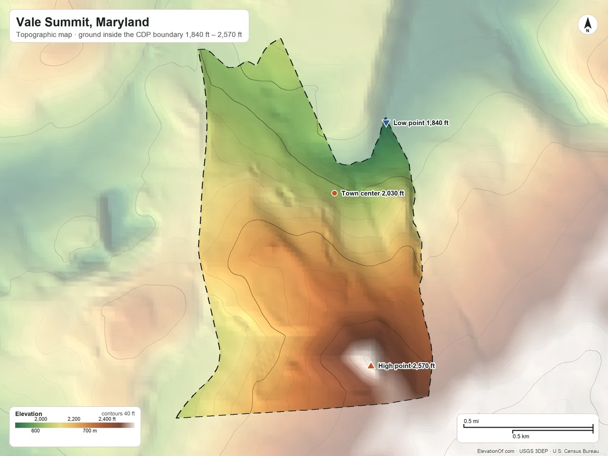 Topographic elevation map of Vale Summit, Maryland, shaded from 1,840 ft on the northeast side to 2,570 ft on the south side
