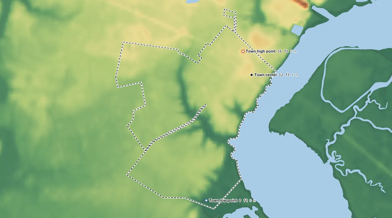 Topographic elevation map of Vienna, Maryland, shaded from 0 ft on the south side to 16 ft near the middle