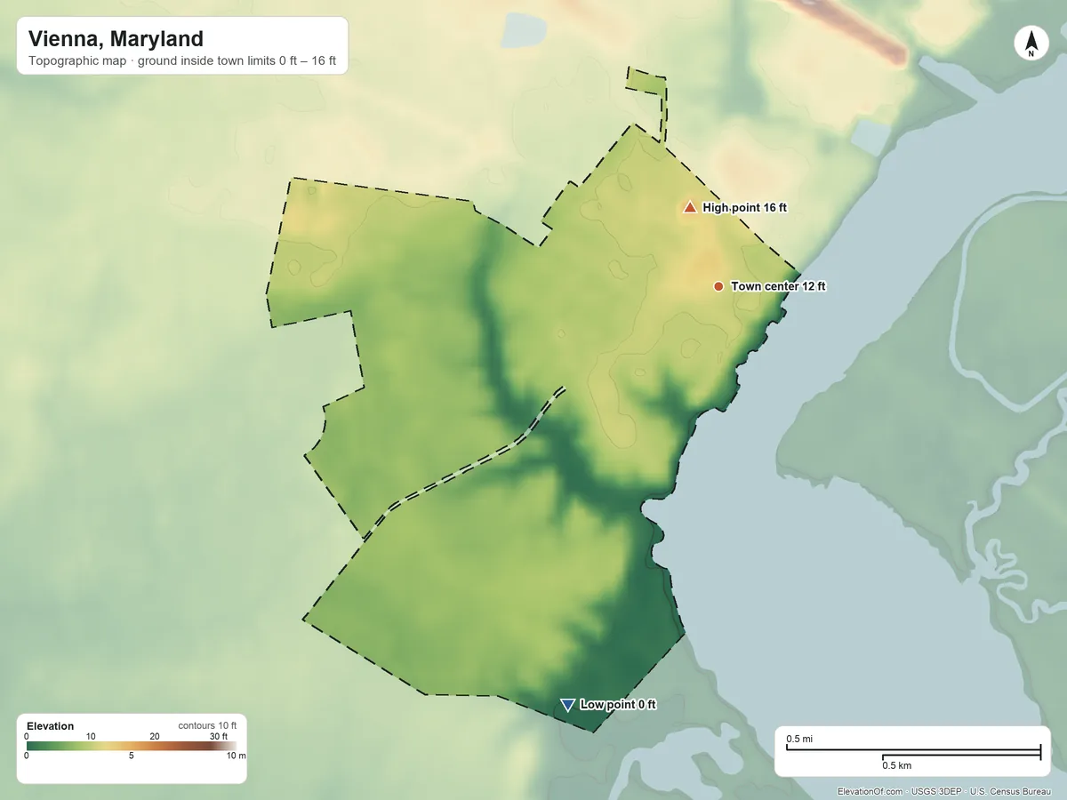 Topographic elevation map of Vienna, Maryland, shaded from 0 ft on the south side to 16 ft near the middle