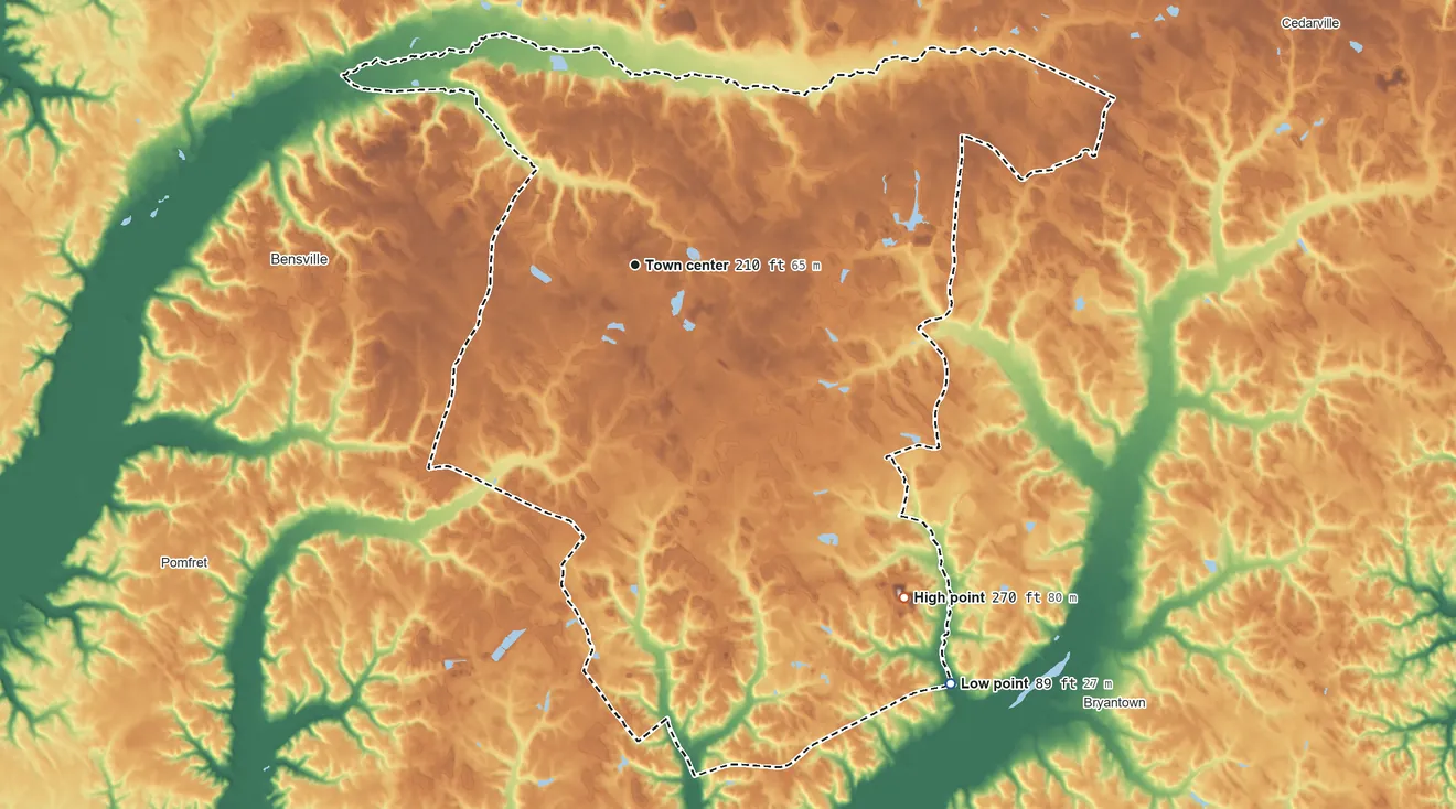 Topographic elevation map of Waldorf, Maryland, shaded from 89 ft on the southeast side to 270 ft on the southeast side