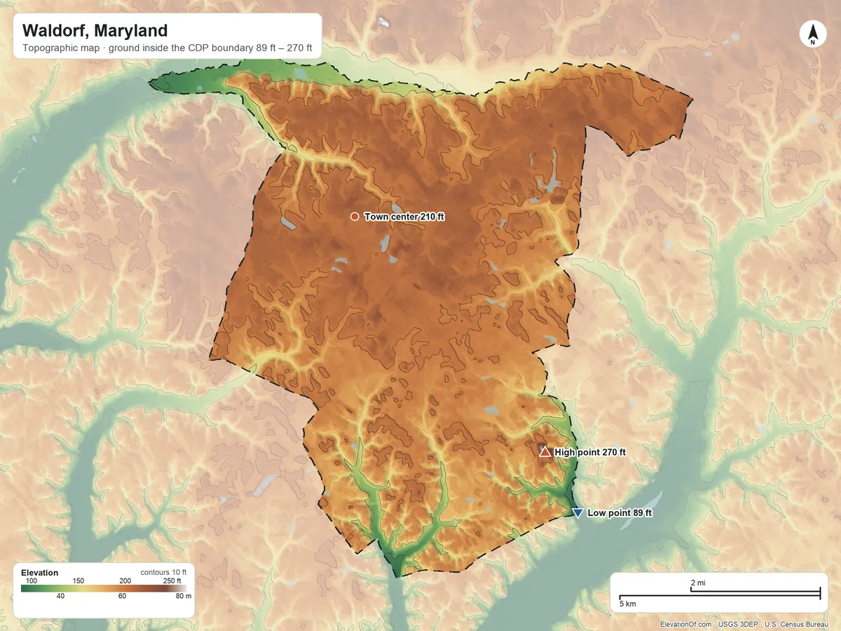 Topographic elevation map of Waldorf, Maryland, shaded from 89 ft on the southeast side to 270 ft on the southeast side