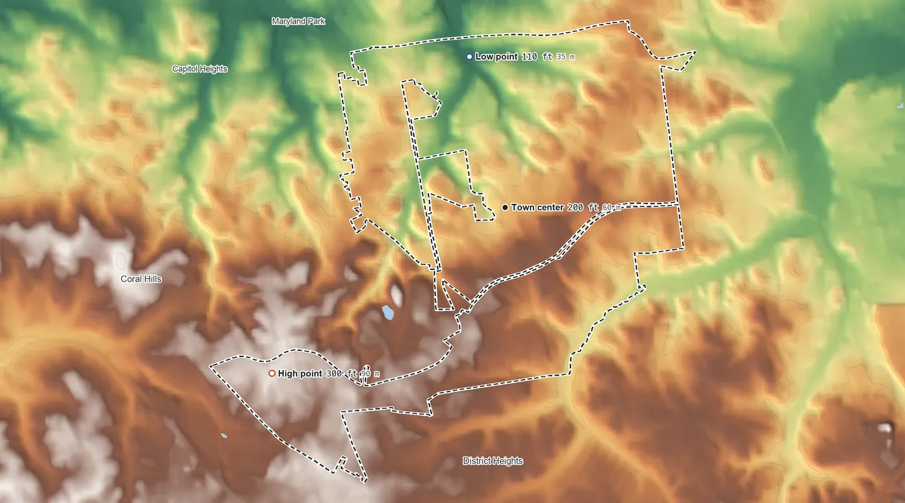 Topographic elevation map of Walker Mill, Maryland, shaded from 110 ft on the north side to 300 ft on the southwest side