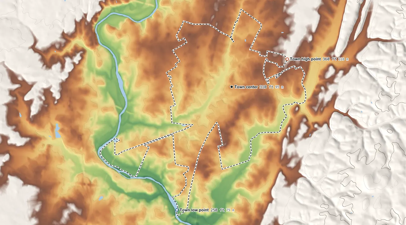 Topographic elevation map of Walkersville, Maryland, shaded from 250 ft on the southwest side to 360 ft on the northeast side