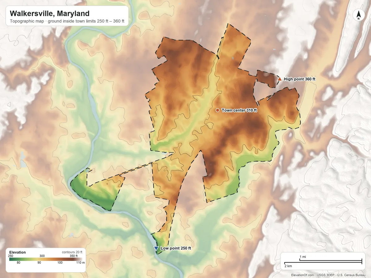 Topographic elevation map of Walkersville, Maryland, shaded from 250 ft on the southwest side to 360 ft on the northeast side