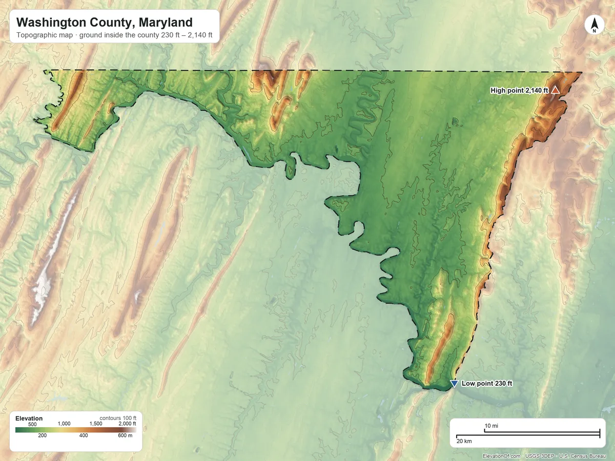 Topographic elevation map of Washington County, Maryland, shaded from 230 ft on the southeast side to 2,140 ft on Quirauk Mountain