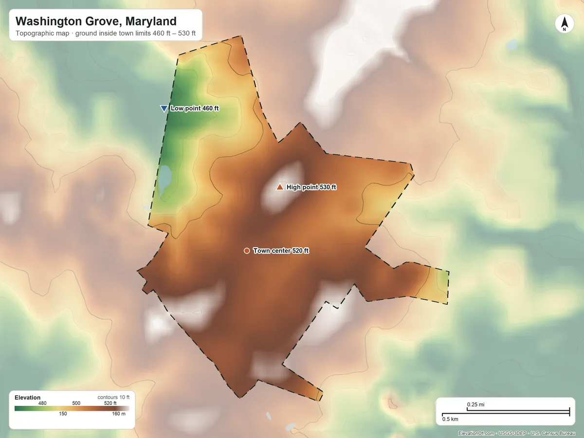 Topographic elevation map of Washington Grove, Maryland, shaded from 460 ft on the northwest side to 530 ft on the northeast side
